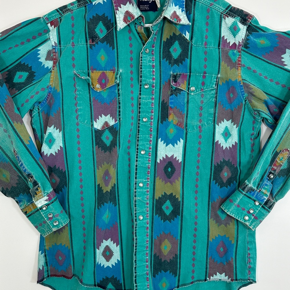 Vintage Wrangler Brushpopper Pearl Snap Shirt 16.5/35 Striped Aztec 90s USA RARE - Picture 5 of 12